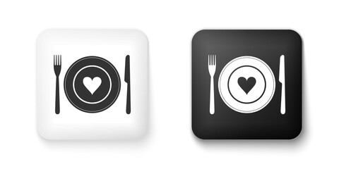 Black and white Heart on plate, fork and knife icon isolated on white background. Happy Valentine's day. Square button. Vector.