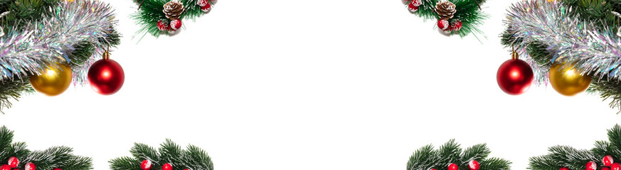 Decorative Christmas frosty fir, pine twigs with red berries and cones, tree branches with balls, tinsel surround copy space in the middle. Banner. Isolated, white background. Christmas card concept