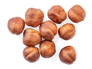 Hazelnuts isolated on white background. Top view. Flat lay.