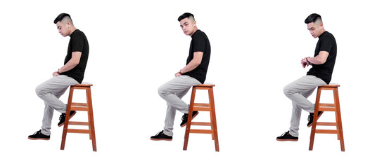 Collection of men in black t shirt posing and sit in a chair isolated on white background