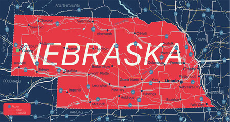 Nebraska state detailed editable map with cities and towns, geographic sites, roads, railways, interstates and U.S. highways. Vector EPS-10 file, trending color scheme - obrazy, fototapety, plakaty