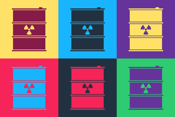 Pop art Radioactive waste in barrel icon isolated on color background. Radioactive garbage emissions, environmental pollution, danger of ecological disaster. Vector.