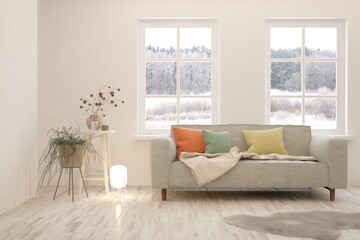 White living room with sofa and winter landscape in window. Scandinavian interior design. 3D illustration