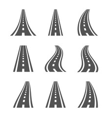 Curved road symbols. Highway and roadway, direction signs illustration