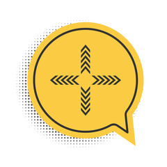 Black Arrows in four directions icon isolated on white background. Yellow speech bubble symbol. Vector.
