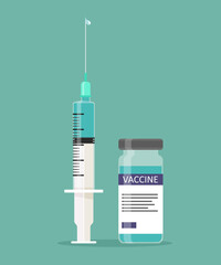 Vaccination concept. Medical syringe with vaccine and ampoule. Vector illustration in flat style.