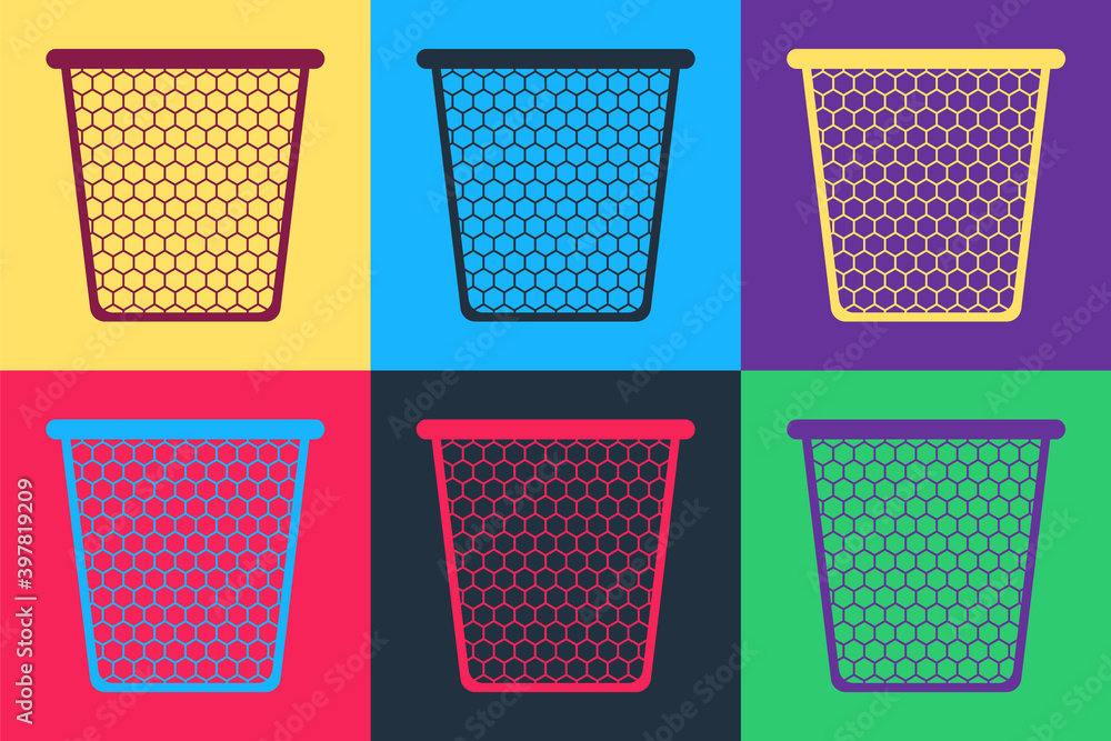Poster pop art trash can icon isolated on color background. garbage bin sign. recycle basket icon. office t