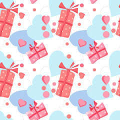 Gifts Boxes with a bow and hearts Seamless texture. Holiday, valentines day and birthday gifts cartoon pattern. Perfect for fabrics print, background, wallpaper. Vector isolated objects.