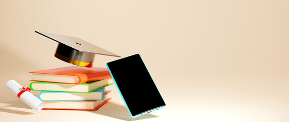 3D Rendering of Graduation Cap, books and mobil phone on light orange background. Realistic 3d shapes. Education online concept.