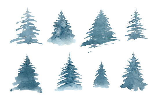 Set of Winter spruces isolated on white background.Watercolor hand painted illustration.