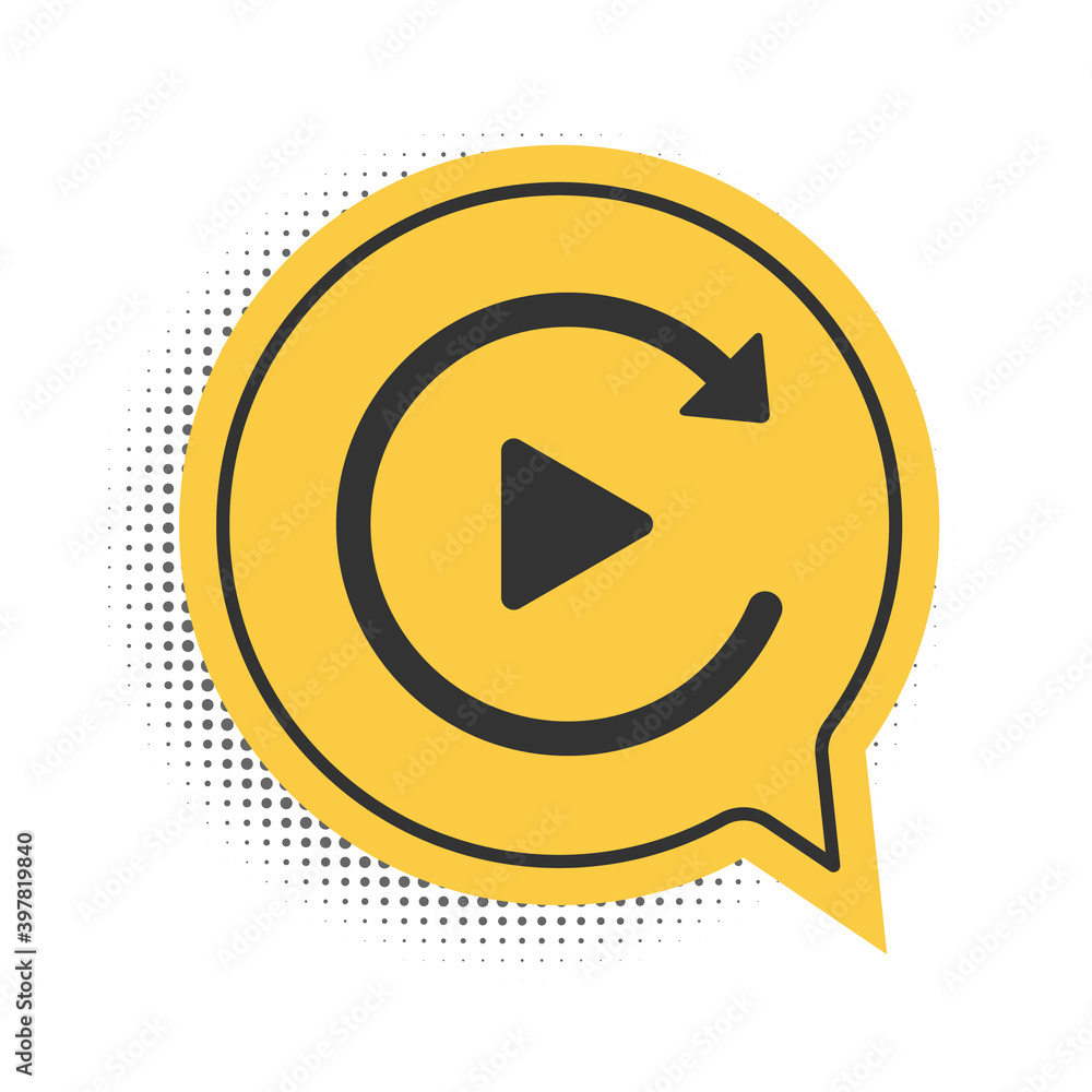 Poster black video play button like simple replay icon isolated on white background. yellow speech bubble s