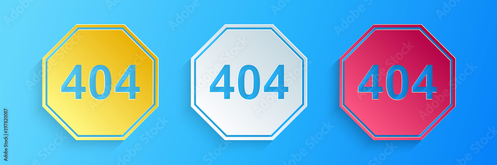 Poster paper cut page with a 404 error icon isolated on blue background. template reports that the page is 