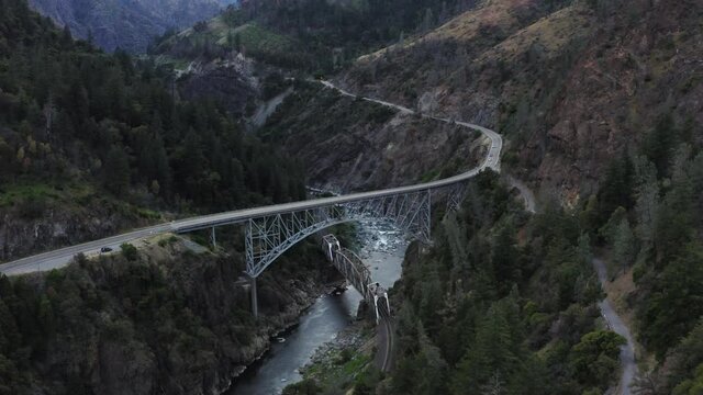 Road trip along Sierra Nevada’s Feather River, Pulga Bridge, aerial view