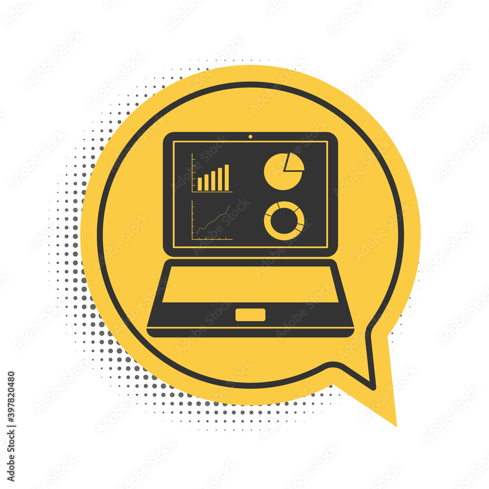 Poster black laptop with graph chart icon isolated on white background. report text file icon. accounting s