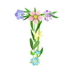 Fresh Flowers and Plants Arranged in Alphabet Letter Shape Vector Illustration