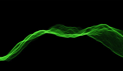 Green particle wave background. Abstract dynamic mesh. Big data technology. Vector grid illustration.