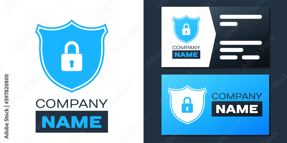 Poster logotype shield security with lock icon isolated on white background. protection, safety, password s