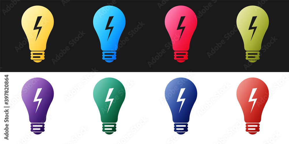 Aufkleber set light lamp sign. bulb with lightning symbol icon isolated on black and white background. idea sy