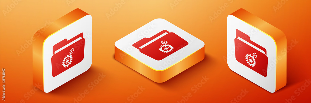 Poster isometric folder settings with gears icon isolated on orange background. concept of software update,