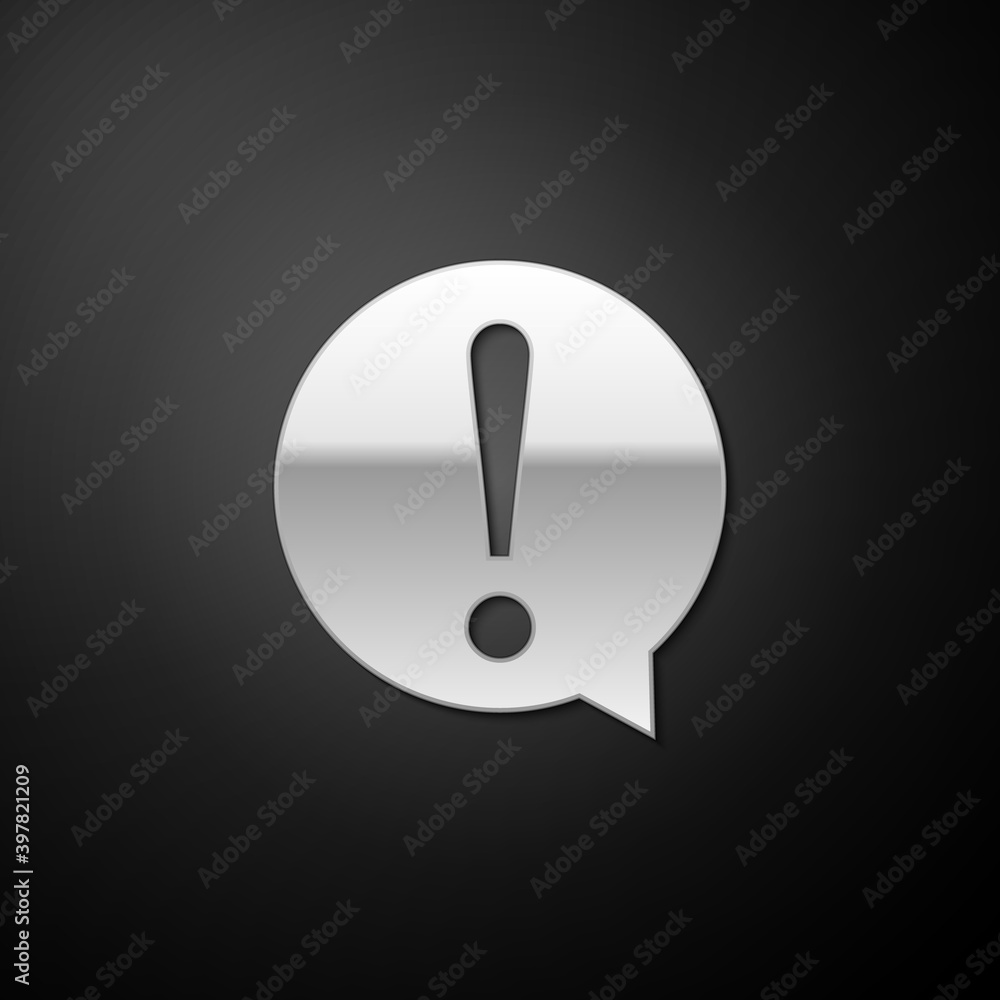 Poster silver exclamation mark in circle icon isolated on black background. hazard warning symbol. faq sign