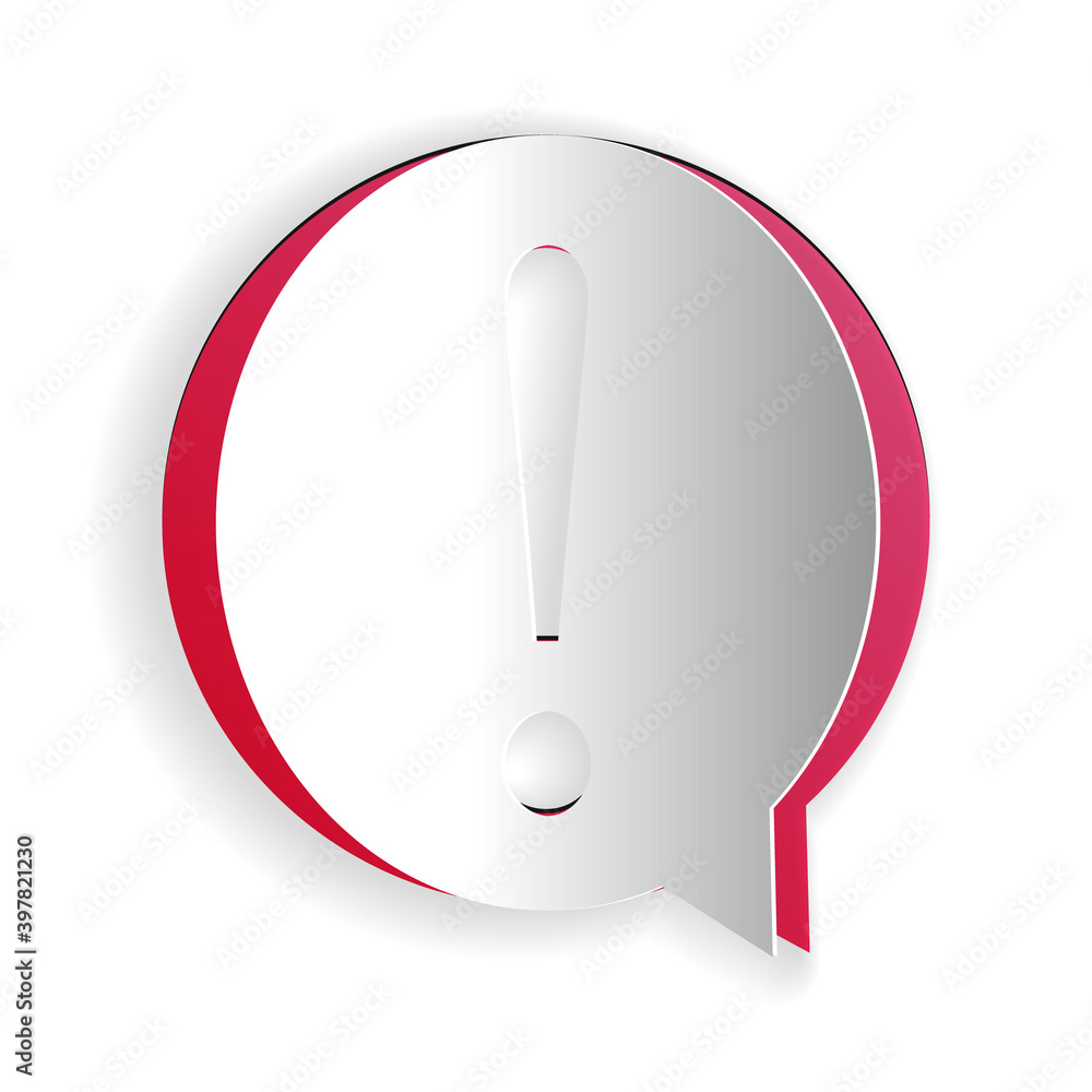 Poster paper cut exclamation mark in circle icon isolated on white background. hazard warning symbol. faq s