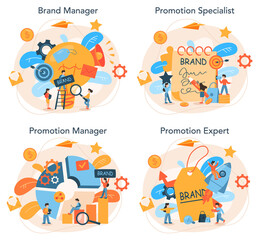 Fototapeta na wymiar Brand manager concept set. Marketing specialist create unique