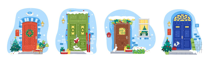 Christmas and New Year doors and windows collection. Holiday Vector illustration for Christmas Banners, Placards and Posters. - 397821268
