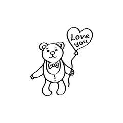 Cute bear with a balloon. Love confession Doodle illustration. Valentines day vector design element for greeting cards, invitations. Black outline isolated on a white background