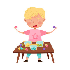 Boy with Blond Hair at Desk Playing with Buttons Sorting Them by Color Vector Illustration
