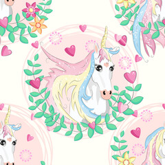 Obraz na płótnie Canvas Seamless pattern with unicorns, donuts rainbow, confetti and other elements