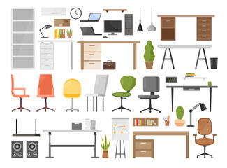 Cartoon ergonomic furnishing objects for modern interior design collection with chair and manager table with laptop, hanging lamp, bookcase isolated on white. Office furniture vector illustration set.