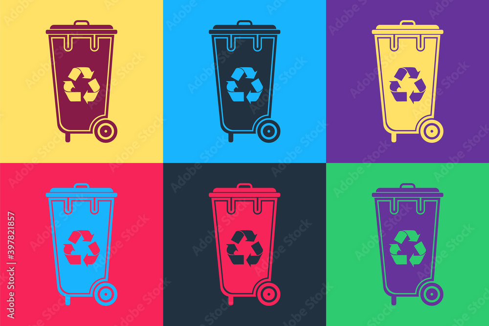 Poster pop art recycle bin with recycle symbol icon isolated on color background. trash can icon. garbage b