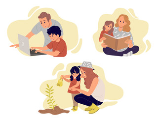 Сollection of parents help their child in learning.
