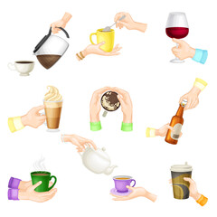 Human Hands Holding Beverage in Glass and Pouring Drinks in Cups Vector Set