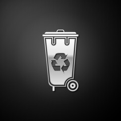 Silver Recycle bin with recycle symbol icon isolated on black background. Trash can icon. Garbage bin sign. Recycle basket icon. Long shadow style. Vector.