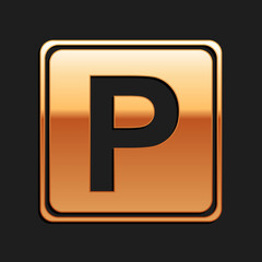 Gold Parking sign icon isolated on black background. Street road sign. Long shadow style. Vector.