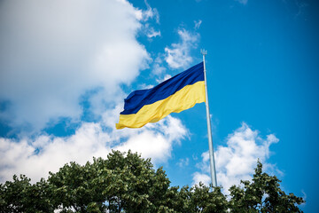Ukrainian flag in the wind. Against the background of the sky