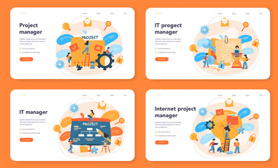 Project management web banner or landing page set. Successful strategy,
