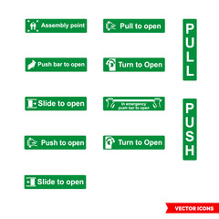 Emergency escape labels icon set of color types. Isolated vector sign symbols. Icon pack.