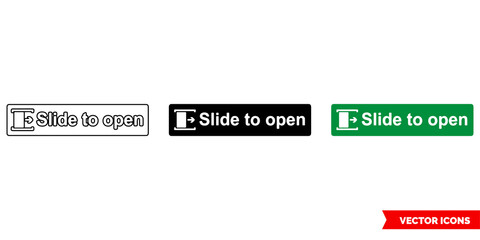 Emergency escape label slide to open icon of 3 types color, black and white, outline. Isolated vector sign symbol.
