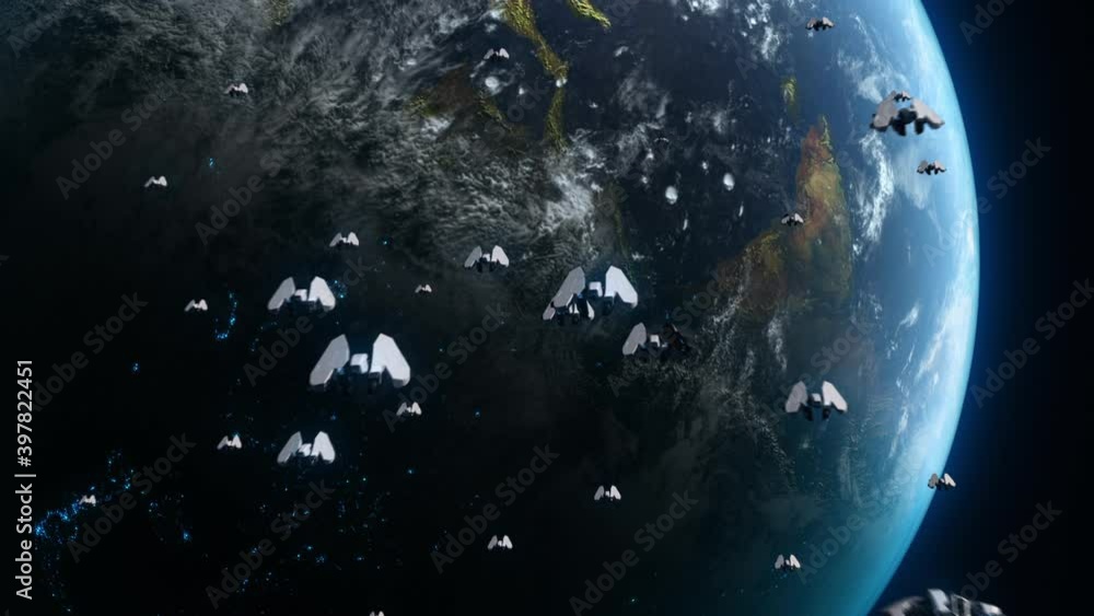 Wall mural many spaceships are approaching from space towards planet earth