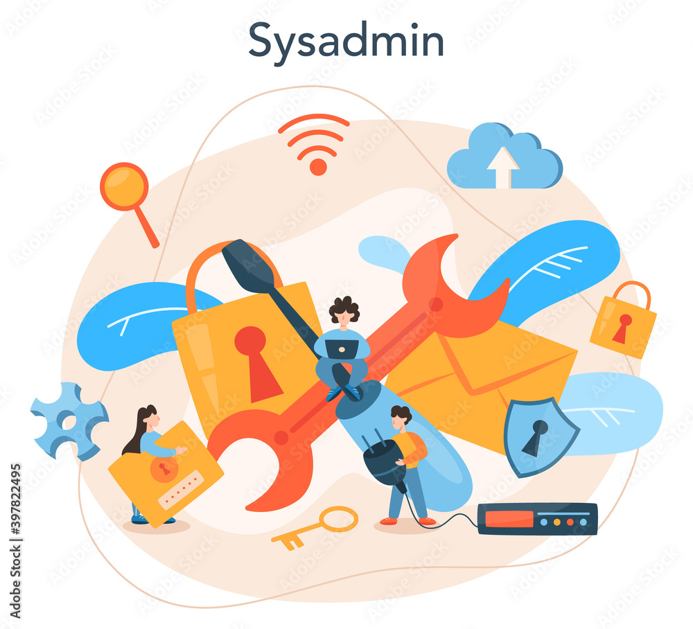 Poster system administrator. people working on computer and doing