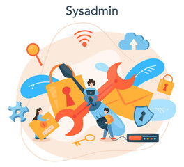 System administrator. People working on computer and doing