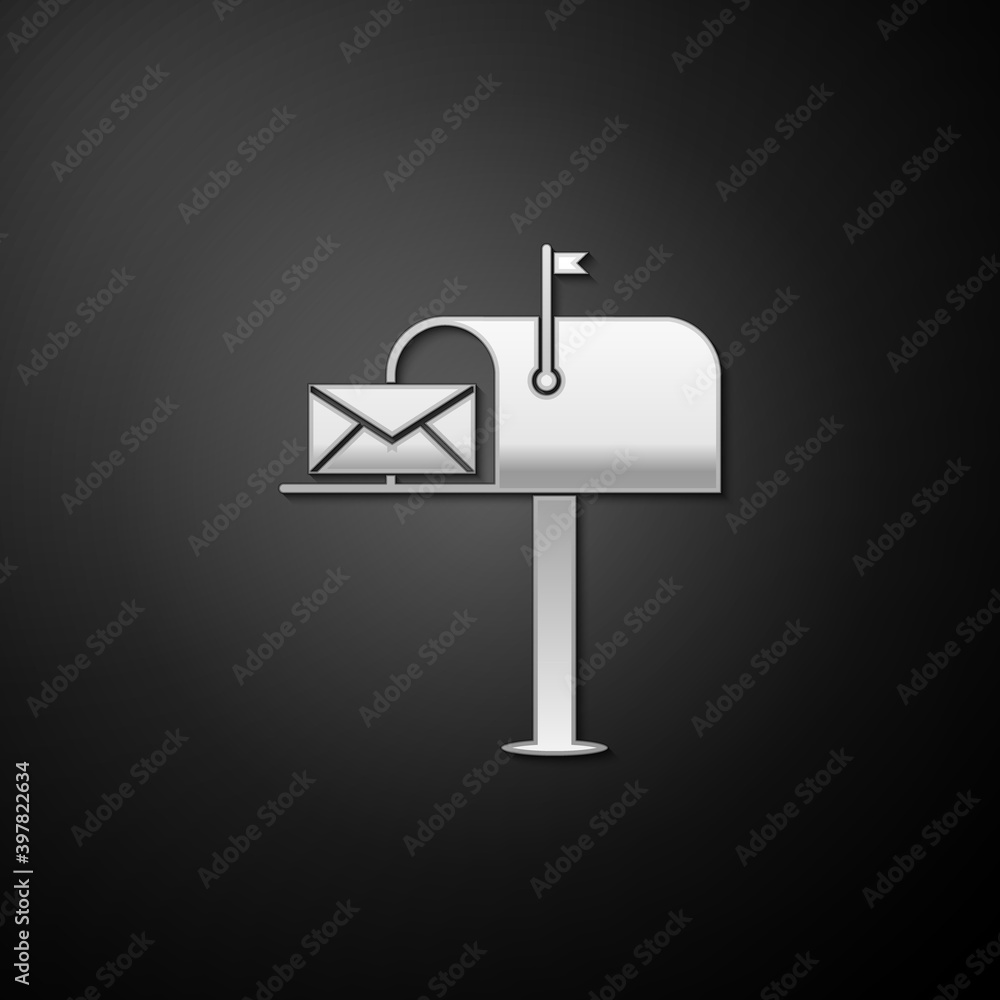 Poster silver open mail box with an envelope icon isolated on black background. long shadow style. vector.