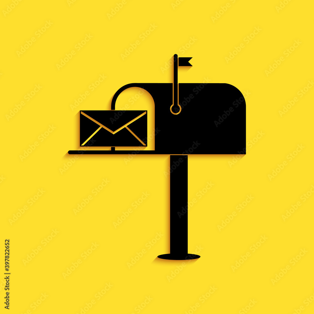 Poster black open mail box with an envelope icon isolated on yellow background. long shadow style. vector.