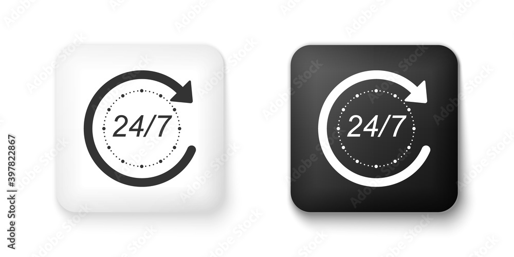 Poster black and white open 24 hours a day and 7 days a week icon isolated on white background. all day cyc