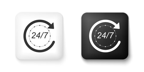 Black and white Open 24 hours a day and 7 days a week icon isolated on white background. All day cyclic icon. Square button. Vector.