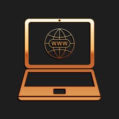 Gold Website on laptop screen icon isolated on black background. Globe on screen of laptop symbol. World wide web symbol. Long shadow style. Vector.