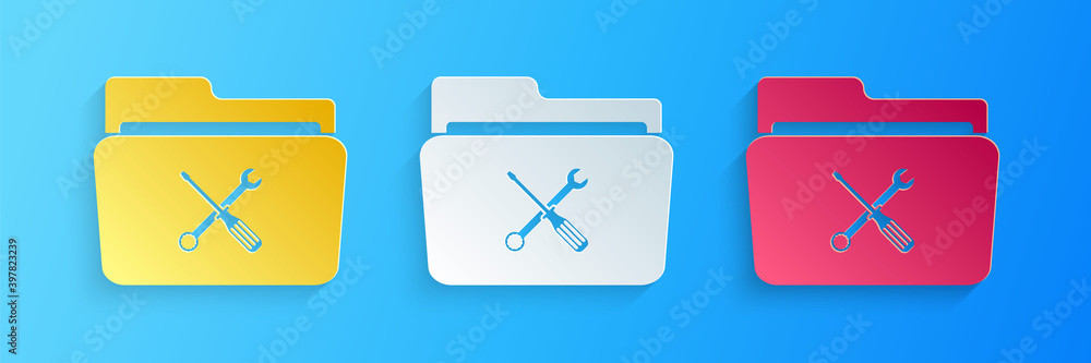 Poster paper cut folder and tools or settings icon isolated on blue background. folder with wrench and scre