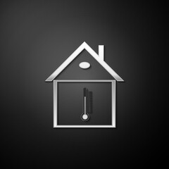 Silver House temperature icon isolated on black background. Thermometer icon. Long shadow style. Vector.